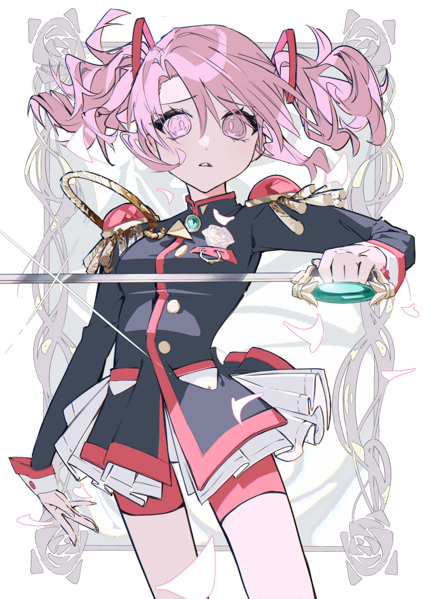 1girl, absurdres, black_jacket, cosplay, epaulettes, flower, highres, holding, holding_sword, holding_weapon, jacket, kaname_madoka, mahou_shoujo_madoka_magica, pink_eyes, pink_hair, rainyy, red_shorts, rose, shorts, shoujo_kakumei_utena, solo, sword, sword_of_dios, tenjou_utena, tenjou_utena_(cosplay), twintails, weapon, white_flower, white_rose