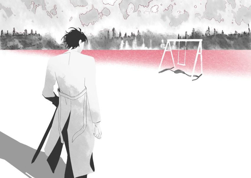 1boy, black_hair, coat, feet_out_of_frame, from_below, hand_in_pocket, kim_dokja, male_focus, omniscient_reader's_viewpoint, open_clothes, open_coat, scabbard, sheath, short_hair, solo, standing, swing_set, tix_0314, walking, watercolor_effect, white_coat