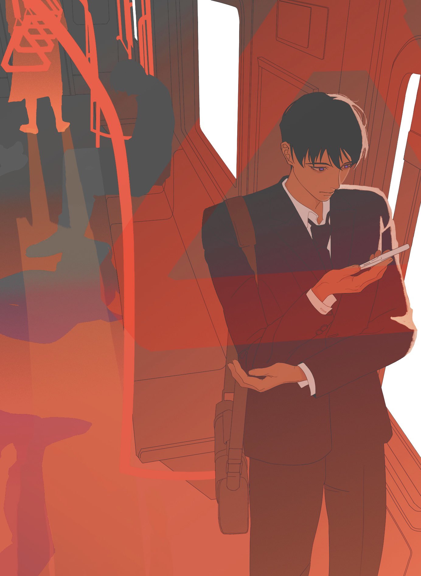 1boy, 2others, bag, black_hair, character_request, check_character, coat, hand_on_own_elbow
