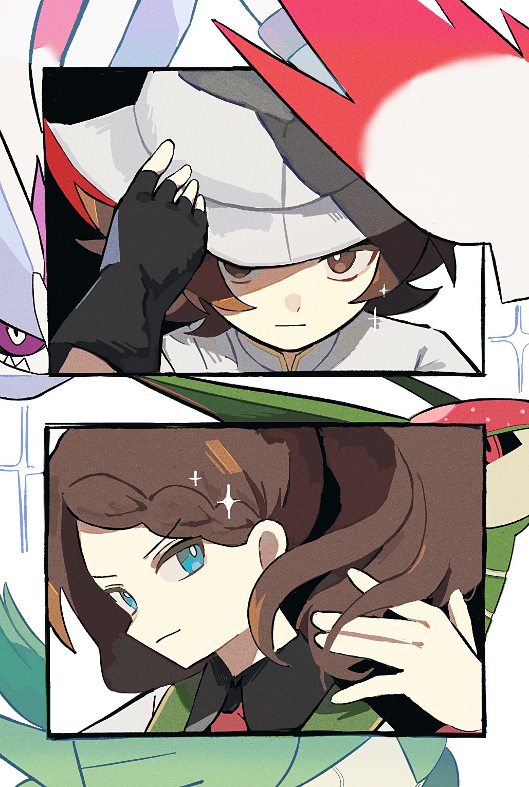 1boy, 1girl, 1l6wpwihya38112, blue_eyes, brown_eyes, brown_hair, hat_feather, highres