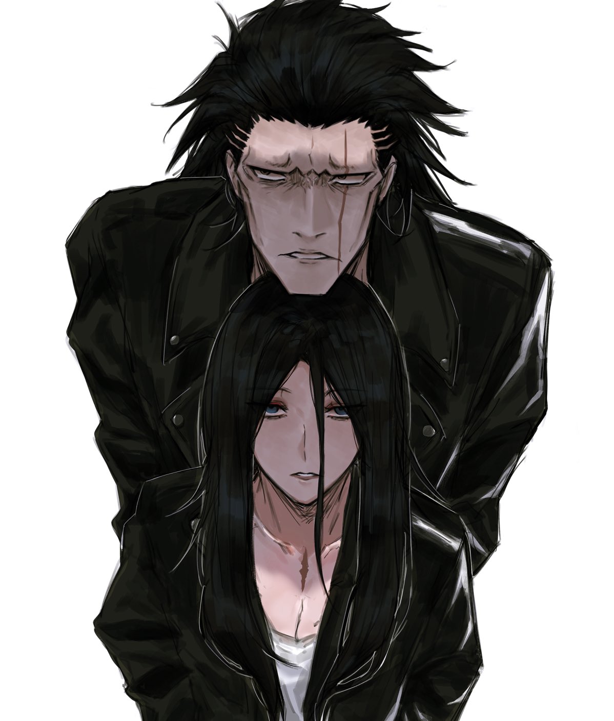 1boy, 1girl, anima_tion_1, black_hair, bleach, highres, jacket, leather, leather_jacket, long_hair, scar, scar_on_face, scar_on_sternum, shirt, simple_background, tall_male, unohana_retsu, white_background, white_shirt, zaraki_kenpachi