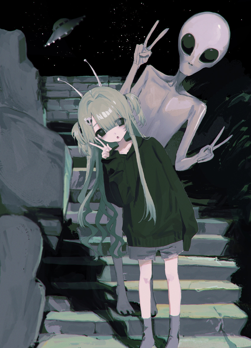 1girl, absurdres, alien, alien_hair_ornament, antennae, black_eyes, double_v, grey_alien, grey_shorts, hand_up, hands_up, hayu_(hayu0305), highres, hood, hood_down, hoodie, leaning_to_the_side, long_hair, long_sleeves, looking_at_viewer, night, original, outdoors, shorts, stairs, standing, two_side_up, ufo, v