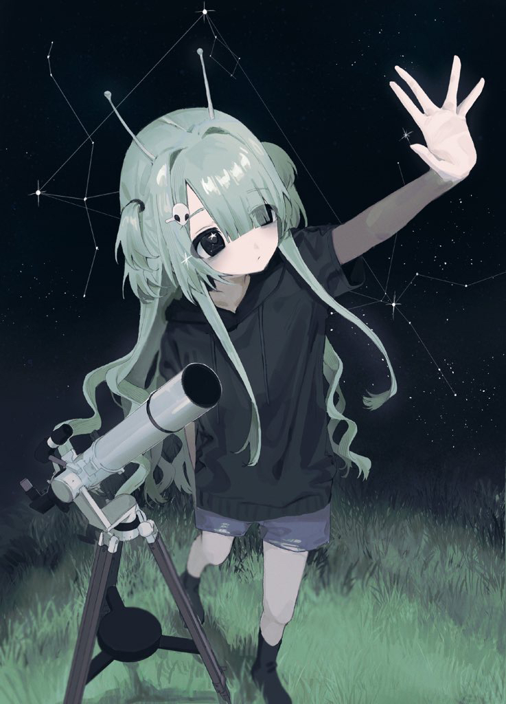 1girl, alien, altair_(star), antennae, aquila_(constellation), arm_up, black_eyes, black_hoodie