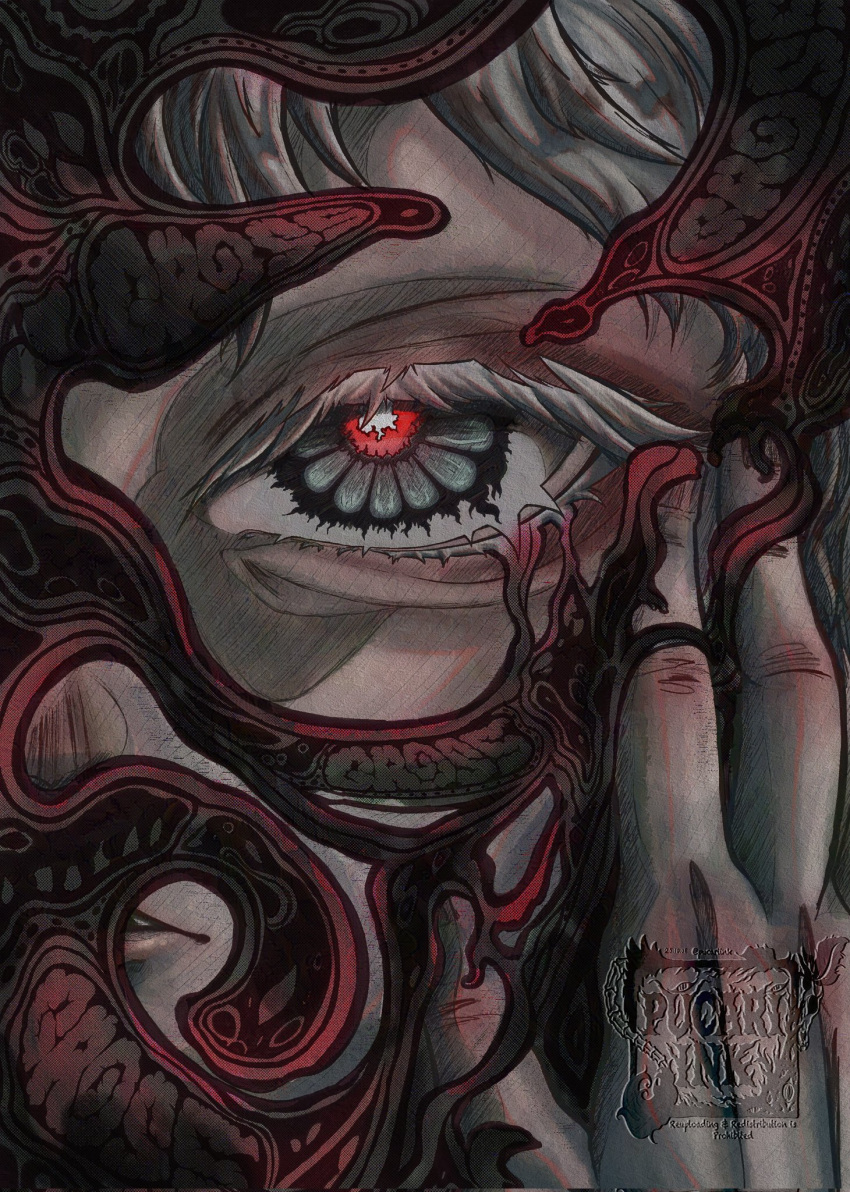 1boy, artist_name, body_horror, commentary_request, eye_focus, hand_on_own_face, highres, hikaru_ga_shinda_natsu, indou_hikaru, irish_commentary, looking_at_viewer, male_focus, pucariink, red_eyes, short_hair, solo, twitter_username, white_hair