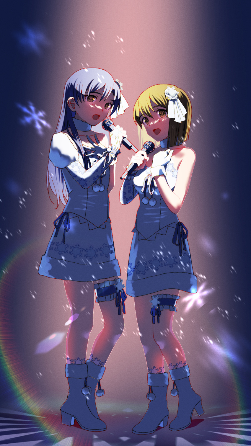 2girls, blue_hair, blunt_ends, boots, brown_eyes, brown_hair, dress, frilled_thigh_strap