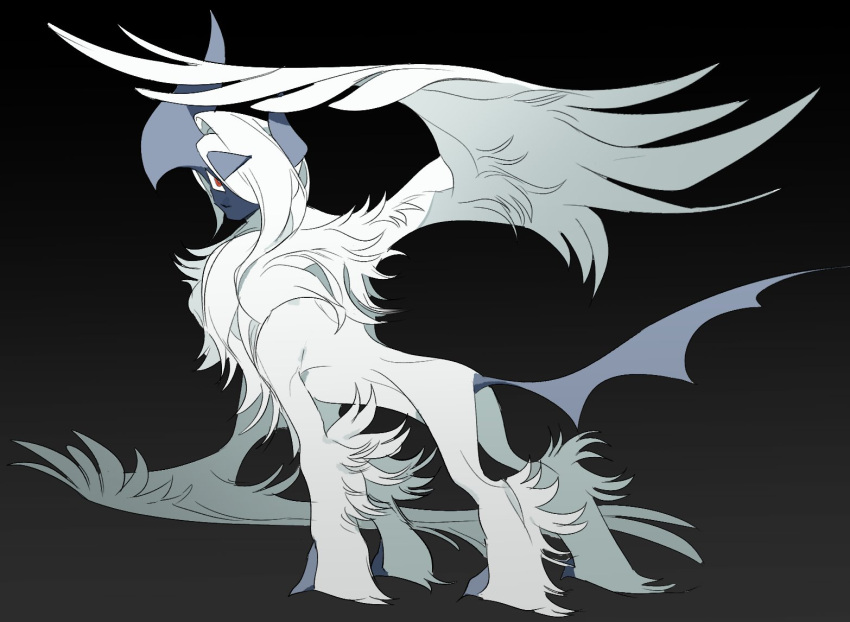 absol, black_background, full_body, looking_at_viewer, looking_back, no_humans, pokemon, pokemon_(creature)
