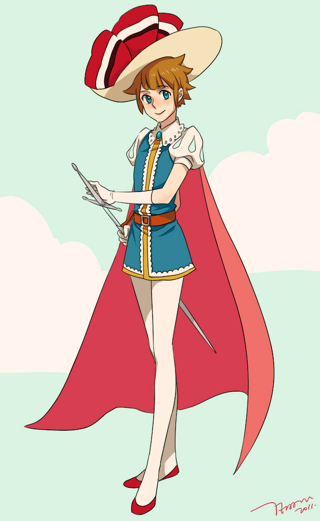 blue_eyes, brown_hair, cape, cosplay, crossdressing, crossdressinging, gloves, hat, inazuma_eleven, inazuma_eleven_(series), legs, light_smile, male, pantyhose, princess_sapphire, princess_sapphire_(cosplay), ribbon_no_kishi, sheath, short_sleeves, slippers, solo, sword, tachimukai_yuuki, temari114, unsheathing, weapon