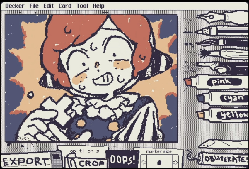 1boy, art_program_in_frame, clenched_teeth, clown, cross, freckles, hands_up, highres