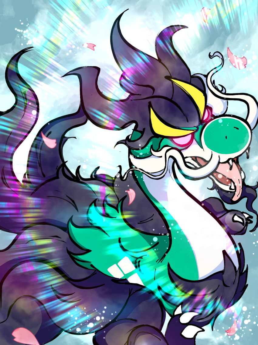 black_fur, claws, commentary_request, dragon, drampa, fangs, glowing, glowing_eyes