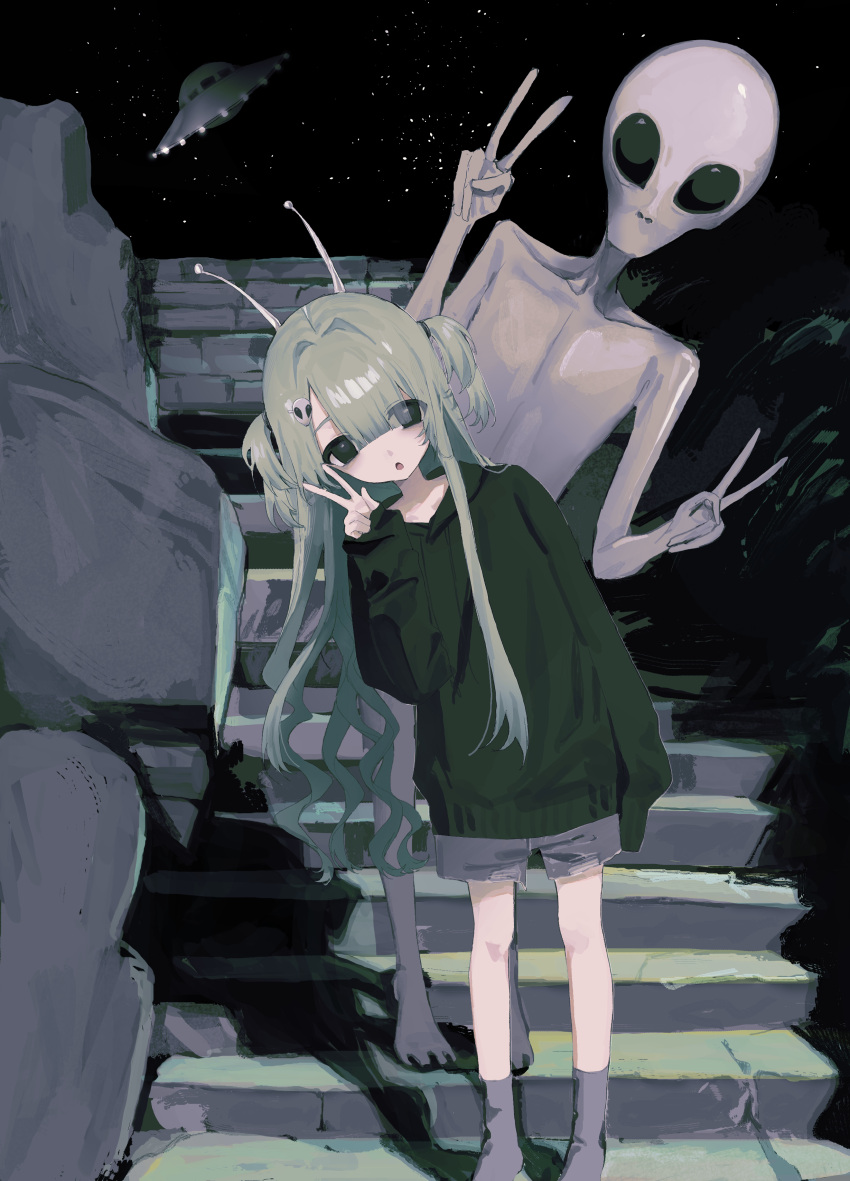 1girl, absurdres, alien, alien_hair_ornament, antennae, black_eyes, double_v, grey_alien