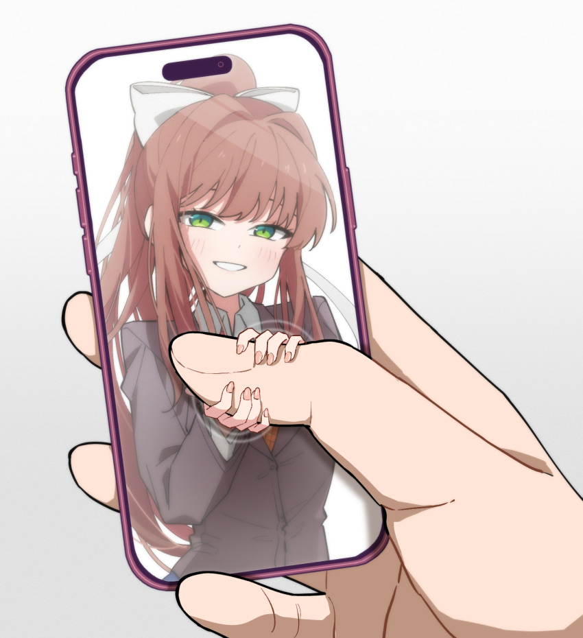 1girl, 1other, alephan, blazer, bow, brown_hair, cellphone, commentary, doki_doki_literature_club, green_eyes, grey_jacket, hair_bow, hashtag-only_commentary, high_ponytail, highres, holding, holding_phone, jacket, long_hair, monika_(doki_doki_literature_club), phone, ponytail, pov, pov_hands, smartphone, smile, solo_focus, white_bow