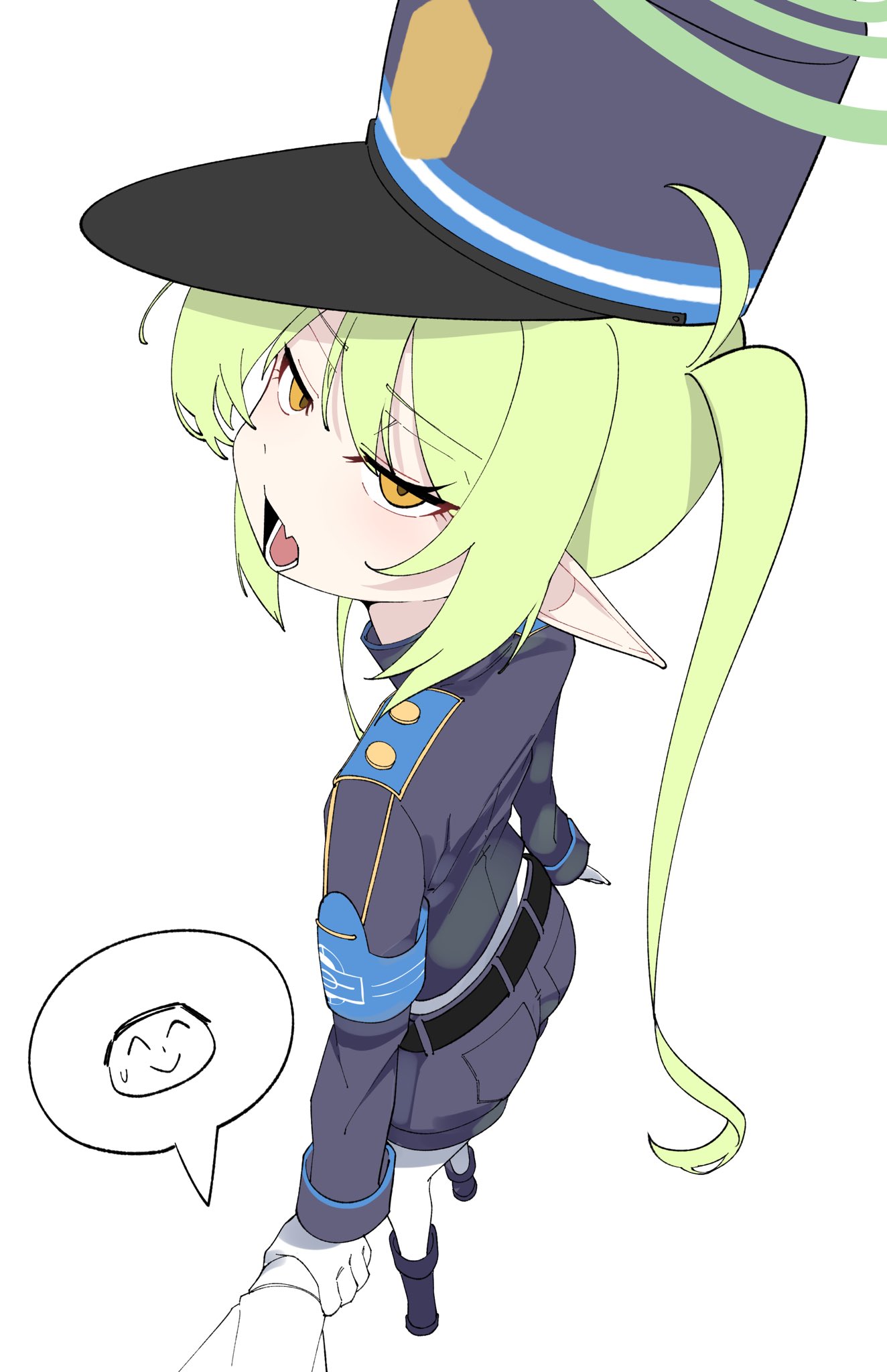 1girl, armband, belt, black_belt, blue_archive, blue_armband, blue_hat, demon_tail