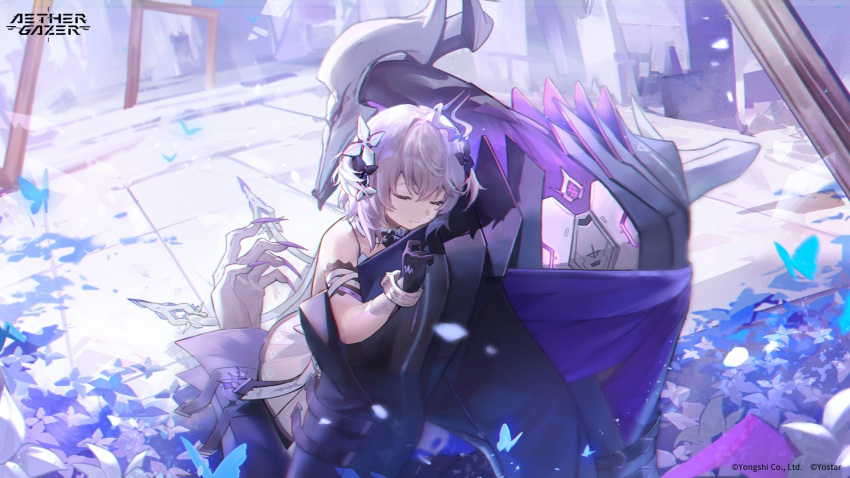 1girl, aether_gazer, artist_request, black_flower, black_gloves, blue_butterfly, bug, butterfly