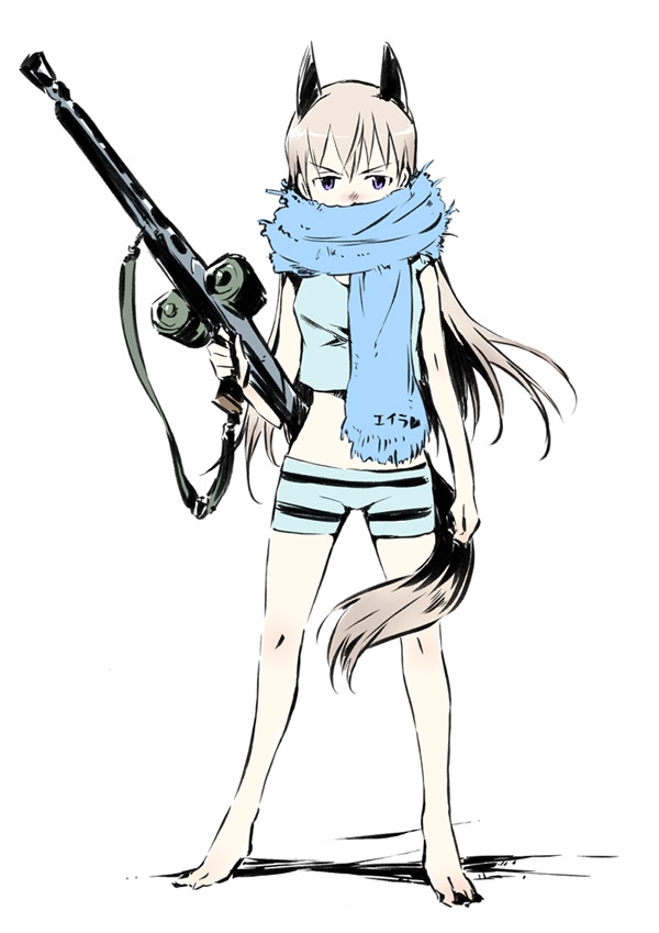 animal_ears, blue_eyes, blush, camisole, dual_drum_magazine, eila_ilmatar_juutilainen, fox_ears, fox_tail