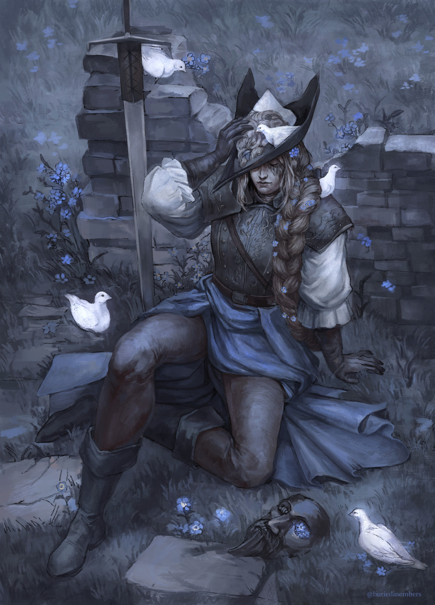 1girl, absurdres, armor, bird, black_boots, black_gloves, black_hat, blue_flower, blue_skirt, boots, braid, breastplate, brick_wall, brown_hair, buriedknight, closed_eyes, closed_mouth, commentary, dark_souls_(series), dark_souls_ii, dove, english_commentary, flower, full_body, gloves, grass, grey_pantyhose, hat, highres, long_hair, lucatiel_of_mirrah, mask, on_ground, pantyhose, pauldrons, planted, planted_sword, shoulder_armor, side_braid, single_braid, sitting, skirt, solo, sword, tricorne, unworn_mask, weapon