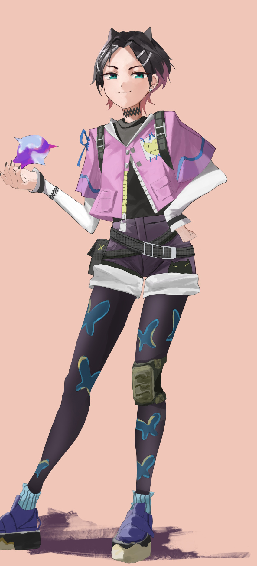 1other, absurdres, animal_print, aqua_eyes, belt, black_belt, black_hair, black_nails