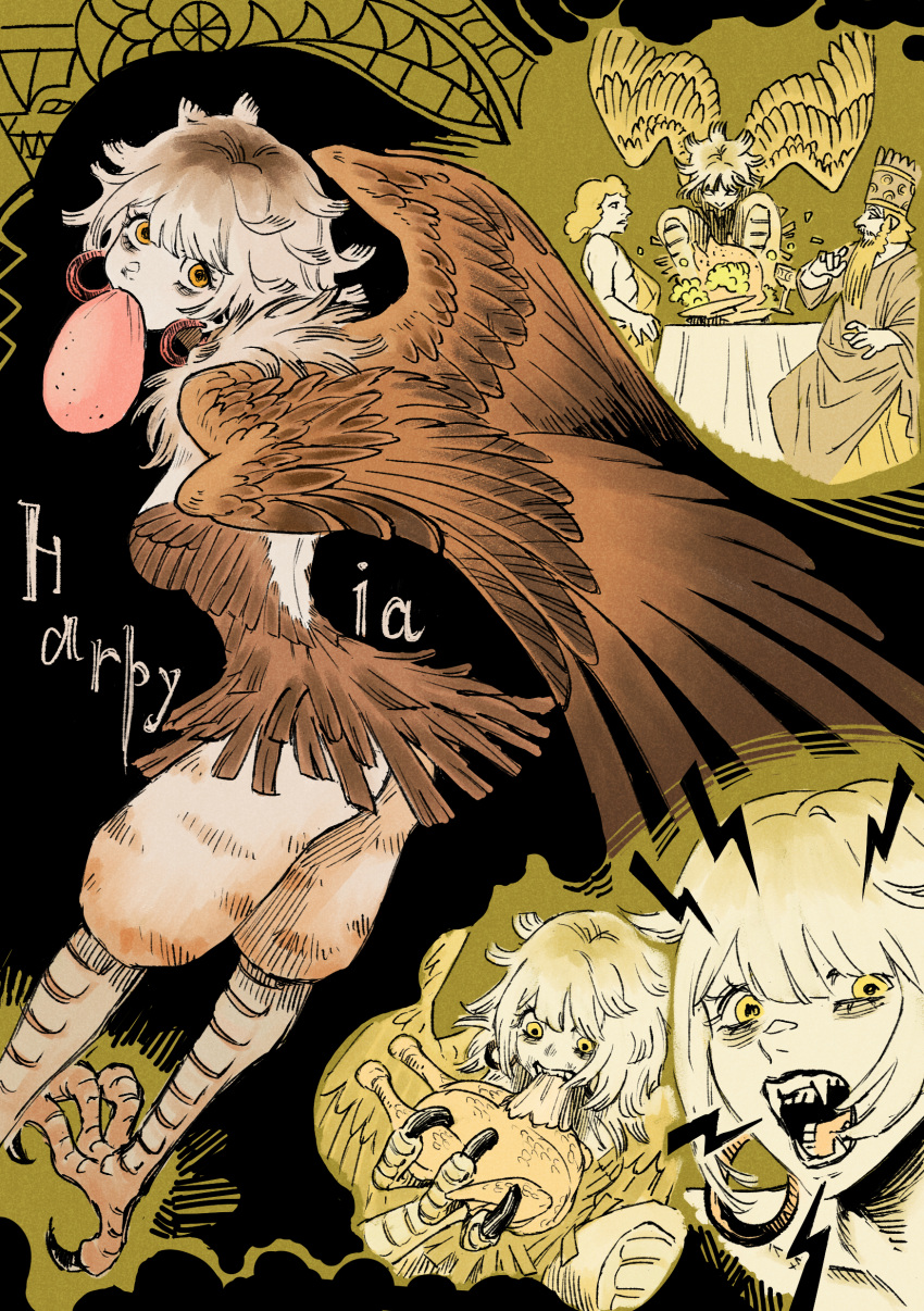1boy, 2girls, 58polar, absurdres, animal_feet, brown_feathers, brown_hair, brown_wings, claws, earrings, eating, feathered_wings, feathers, food, green_background, harpy, highres, hoop_earrings, jewelry, looking_at_viewer, looking_back, meat, monster_girl, mouth_hold, multiple_girls, multiple_views, neck_feathers, orange_eyes, original, talons, winged_arms, wings