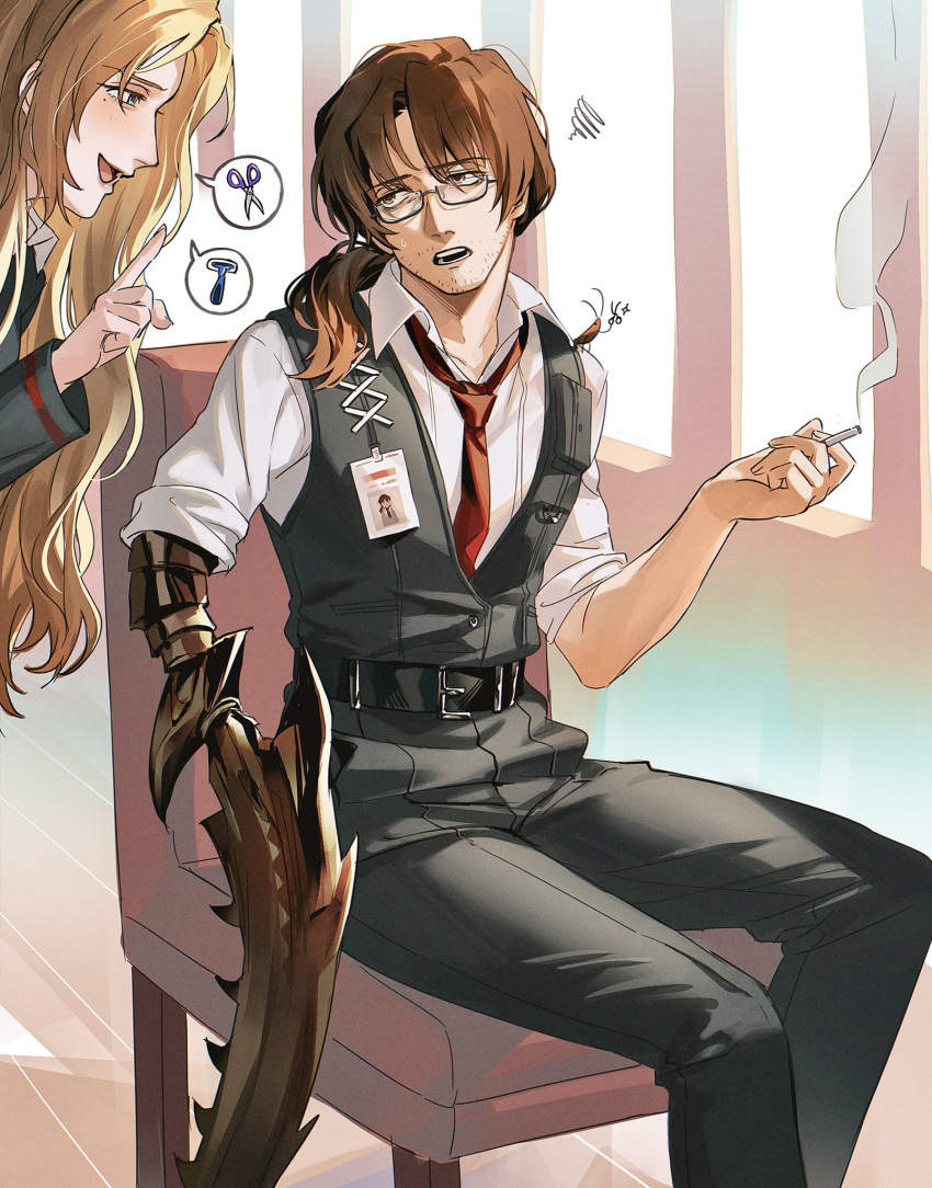 1boy, 1girl, arthropod_limbs, black_pants, black_vest, brown_eyes, brown_hair, cigarette