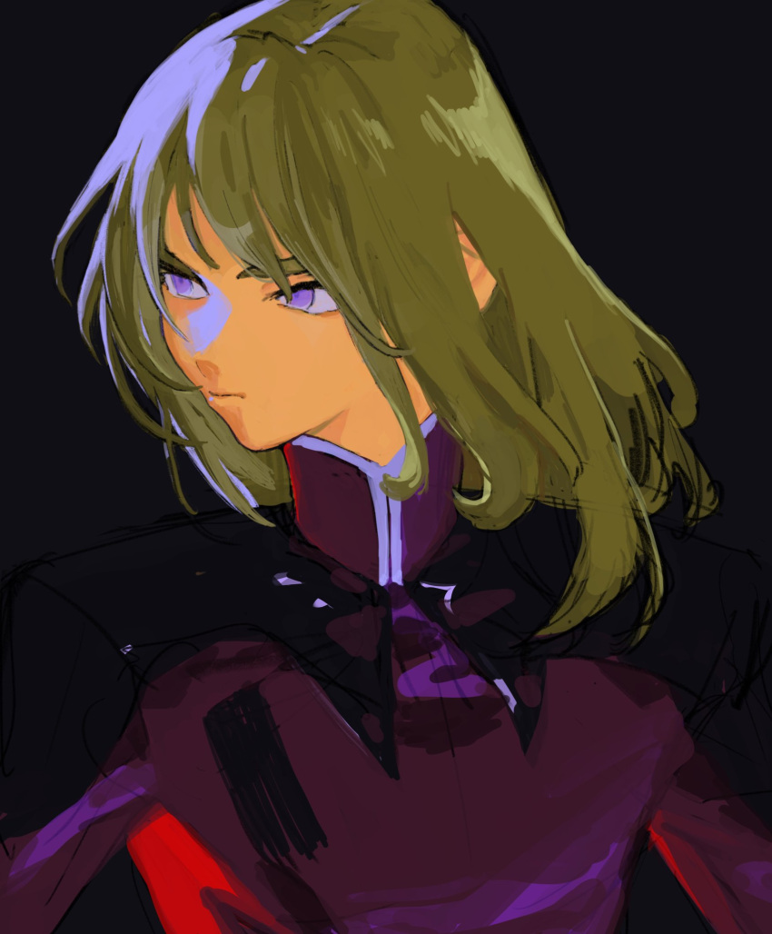 1boy, black_background, blonde_hair, closed_mouth, expressionless, gundam, gundam_seed, gundam_seed_destiny, highres, looking_to_the_side, male_focus, medium_hair, rey_za_burrel, simple_background, sketch, solo, tokumei_wombat, upper_body, violet_eyes