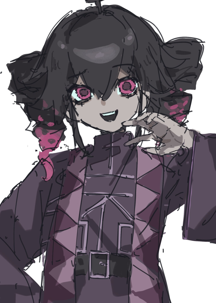 1girl, ahoge, belt, black_belt, black_hair, black_robe, double-parted_bangs, drill_hair