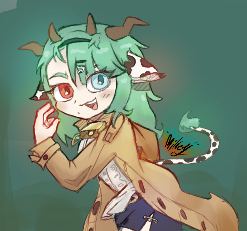 1girl, :3, animal_ears, aqua_eyes, bell, black_skirt, blush, brown_coat