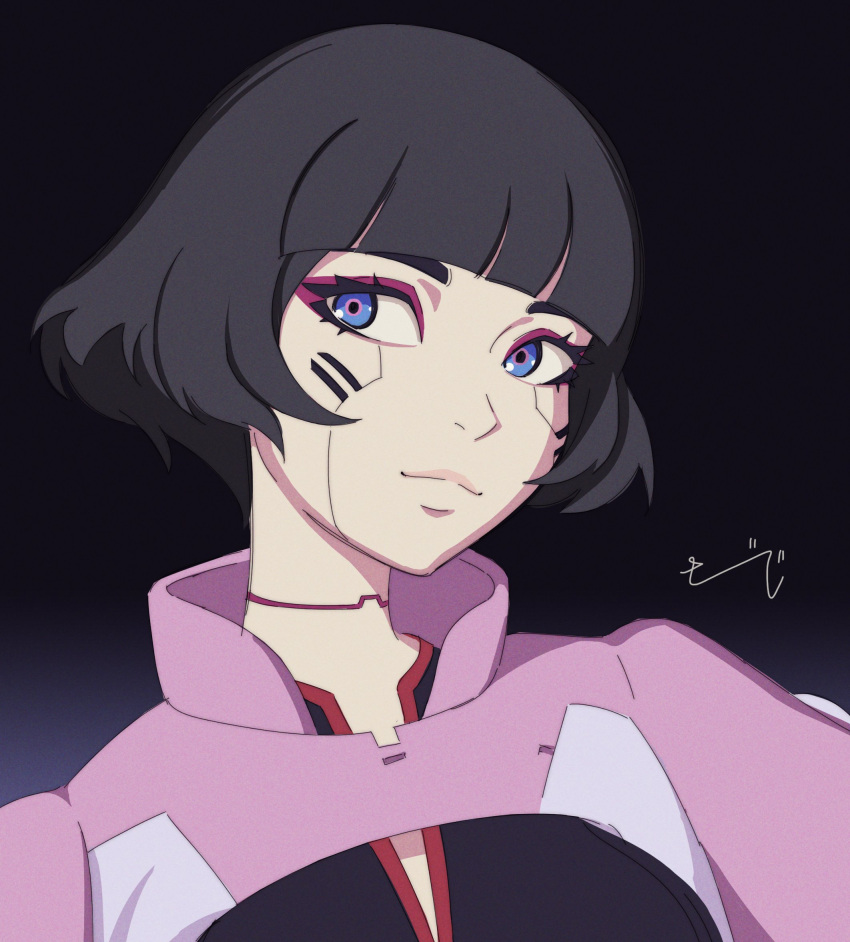1girl, black_hair, blue_eyes, blunt_bangs, commentary, cyberpunk:_edgerunners, cyberpunk_(series), cyborg