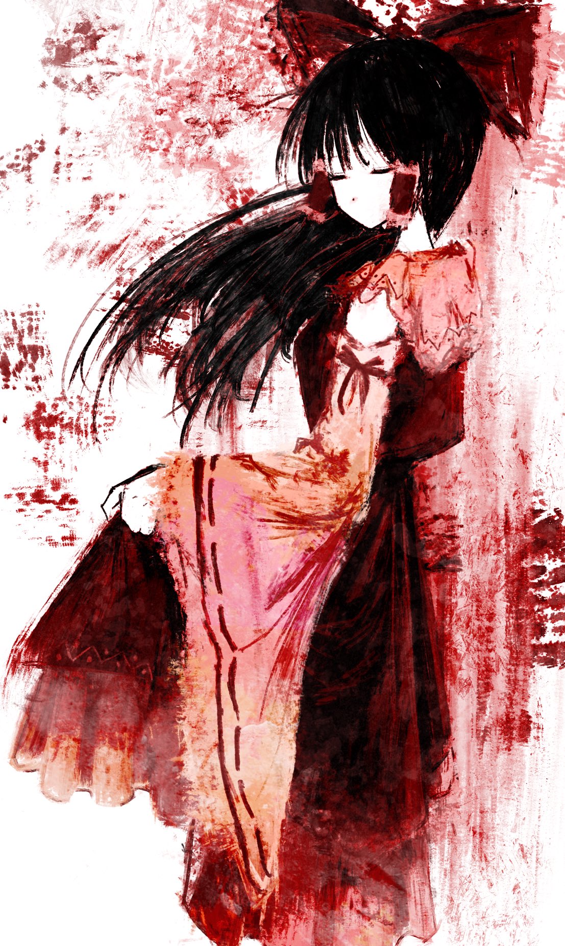 1girl, black_hair, bow, closed_eyes, detached_sleeves, dot_nose, floating_hair, frilled_skirt