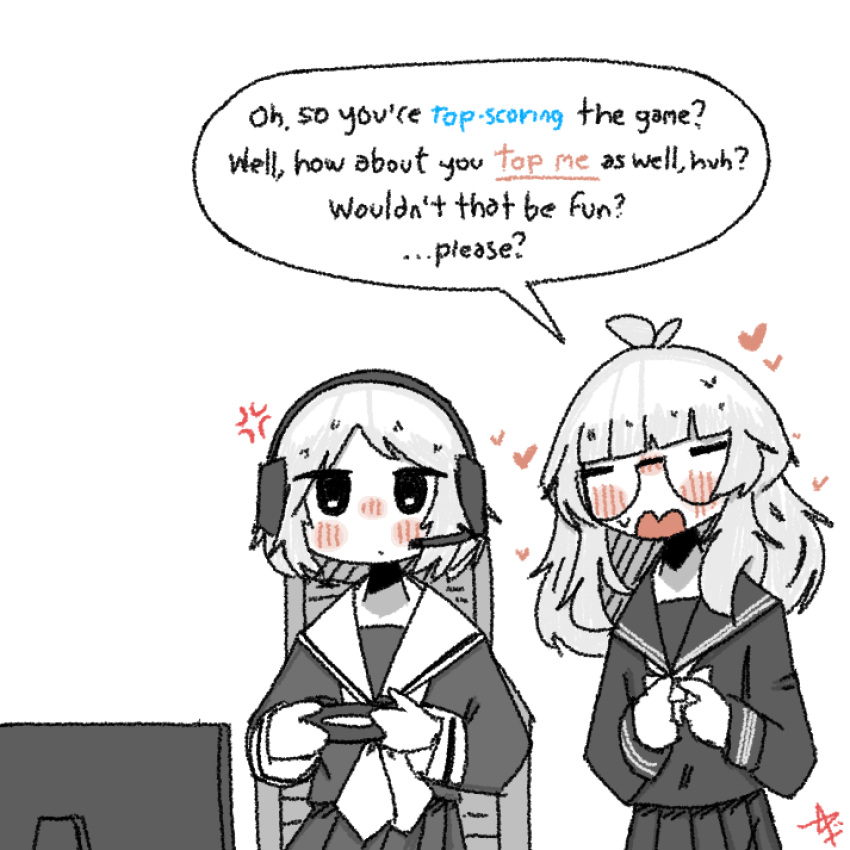 2girls, absurdres, anger_vein, antenna_hair, ashenov, black_eyes, blush, closed_eyes