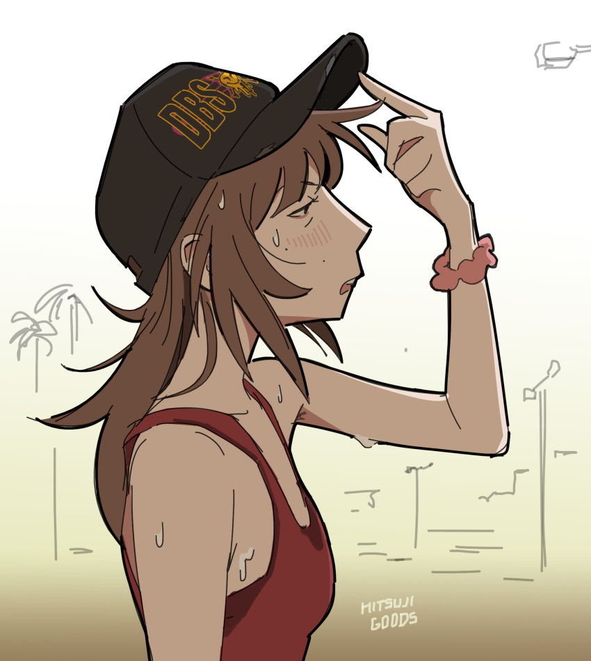 1girl, bra, breasts, brown_hair, commentary, english_commentary, freckles, from_side, highres, hitsuji_(hitsujigoods), hot, kara_eklund, long_hair, open_mouth, original, red_bra, red_tank_top, scrunchie, signature, small_breasts, solo, sweat, tank_top, underwear, wrist_scrunchie