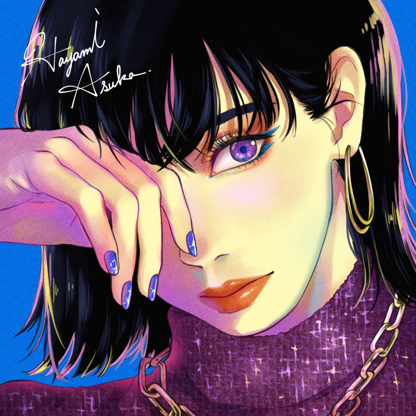 1girl, artist_name, black_hair, blue_background, blue_nails, chain, chain_necklace, colored_eyelashes