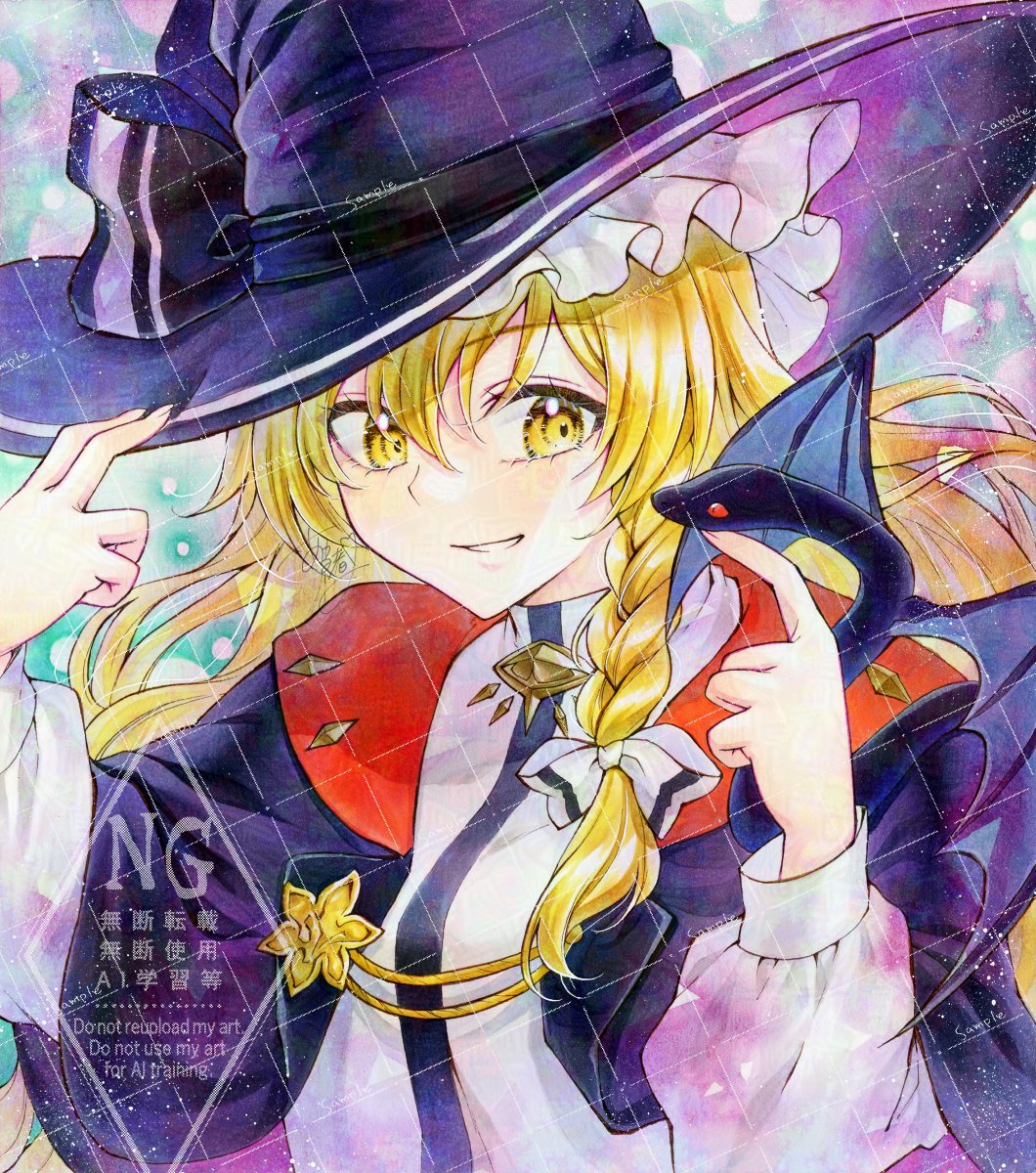 1girl, alternate_costume, alto2019, black_capelet, black_hat, blonde_hair, bow, braid