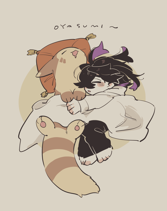 1boy, barefoot, bento_(user_xkzs2253), black_hair, blanket, blush_stickers, brown_fur, check_commentary