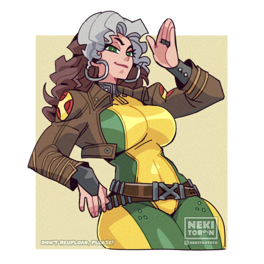 1girl, animification, bodysuit, breasts, brown_hair, colored_bangs, green_bodysuit, highres