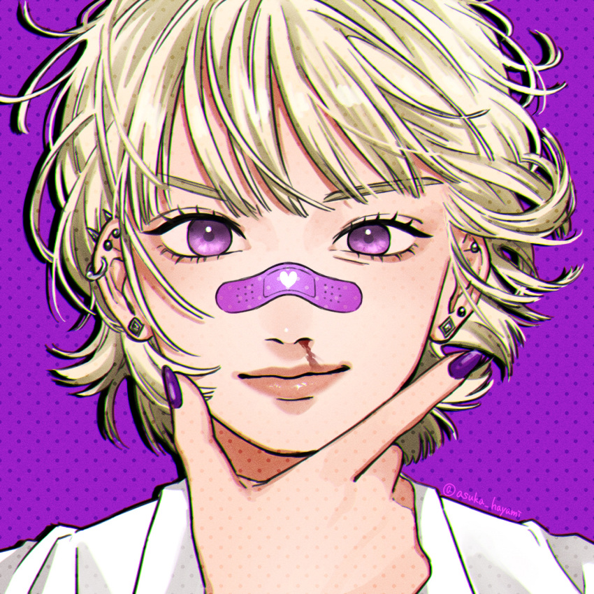 1girl, bandaid, bandaid_on_face, bandaid_on_nose, ben-day_dots, blonde_hair, closed_mouth, commentary_request