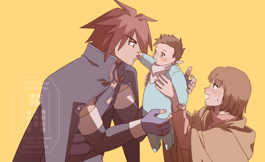 anna_irving, baby, belt, blue_pajamas, blush, bob_cut, brown_hair, cape