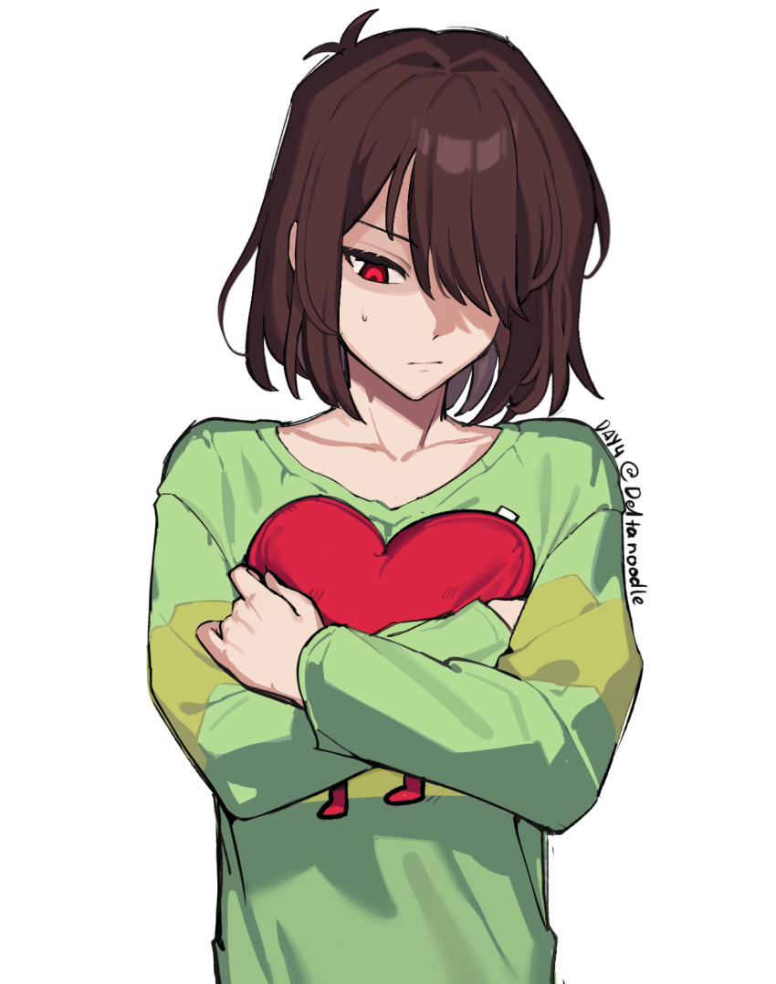 1other, brown_hair, commentary, deltanoodle, deltarune, english_commentary, green_sweater, hair_over_one_eye