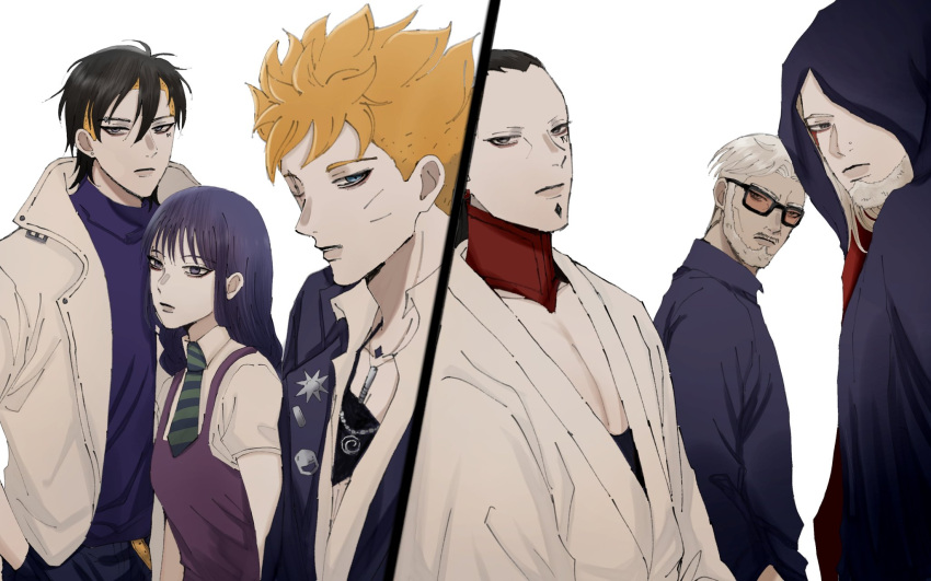 1girl, 5boys, beard, black_cloak, black_hair, blonde_hair, blue_eyes, boruto:_naruto_next_generations