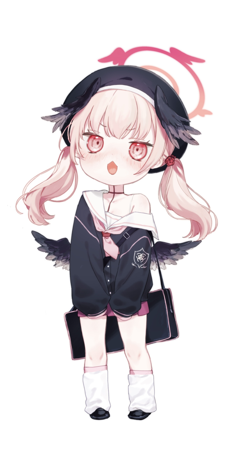 1girl, absurdres, beret, black_choker, black_hat, black_shirt, black_shoes, black_wings