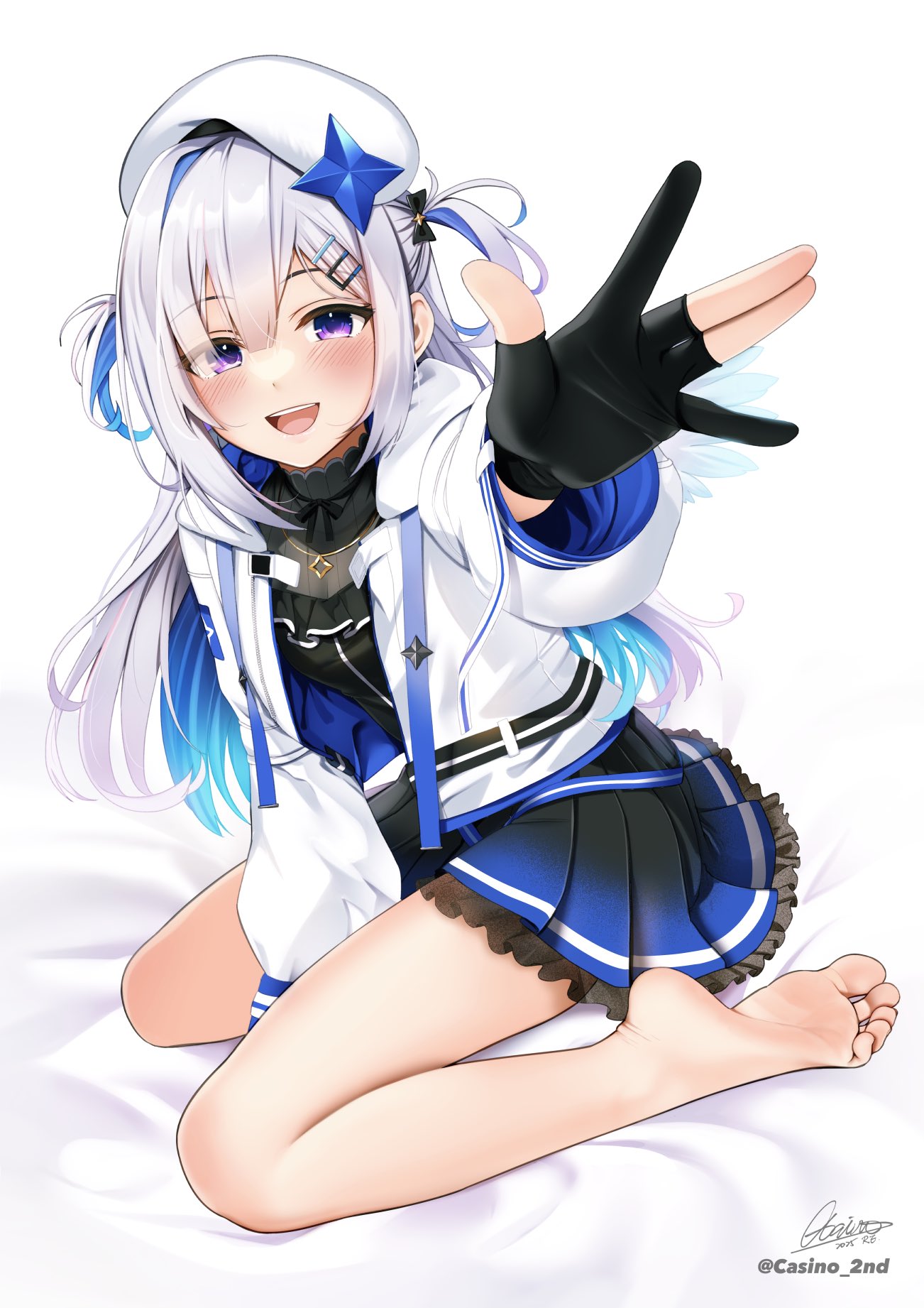 1girl, :d, amane_kanata, amane_kanata_(work), arm_between_legs, asymmetrical_bangs, barefoot, bed_sheet