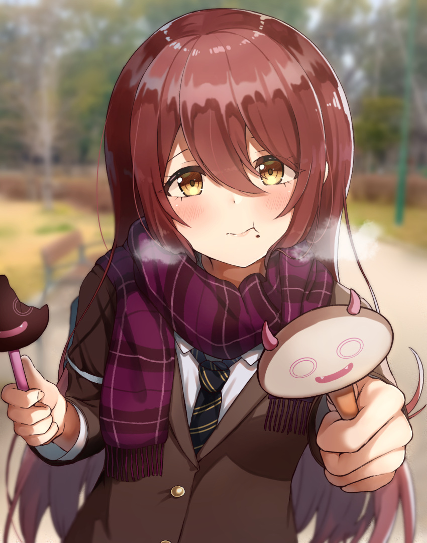 1girl, :t, black_necktie, blurry, blurry_background, blush, breath, brown_hair