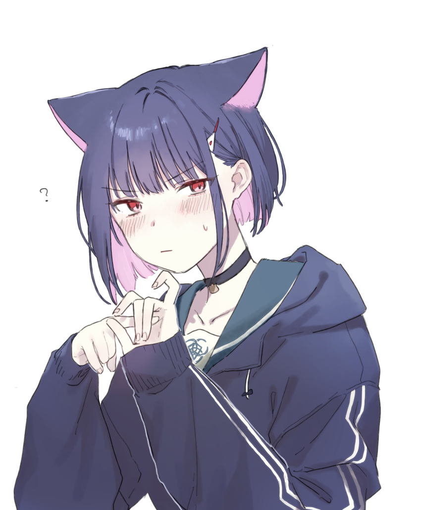 1girl, :|, ?, animal_ears, black_choker, black_hair, black_hoodie, blue_archive