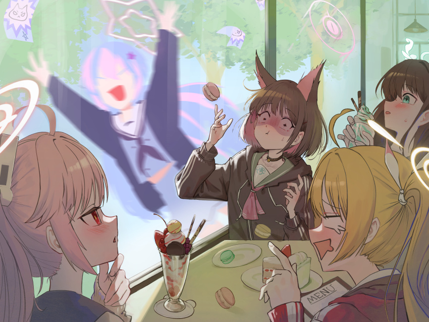 5girls, :d, :t, absurdres, after-school_sweets_club_(blue_archive), ahoge, airi_(blue_archive), animal_ears