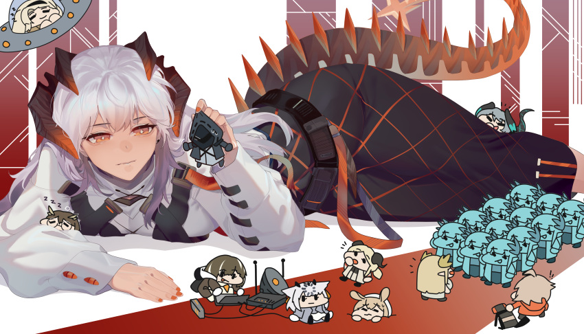 1other, 6+girls, absurdres, arknights, black_dress, blonde_hair, brown_hair, closed_mouth