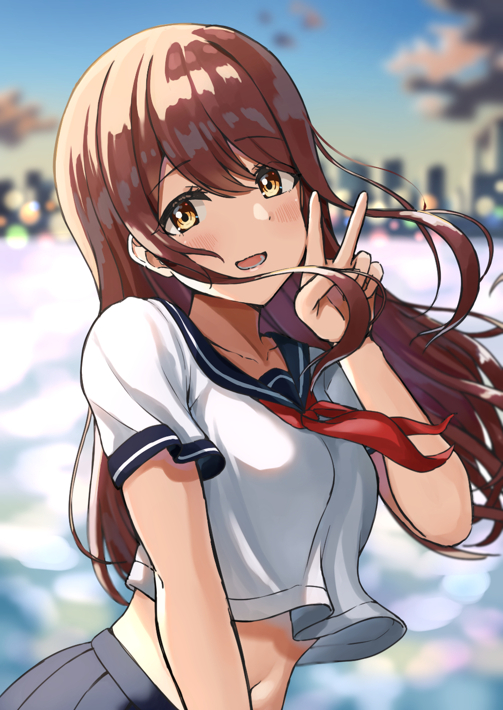 1girl, :d, black_skirt, blurry, blurry_background, blush, breasts, brown_hair