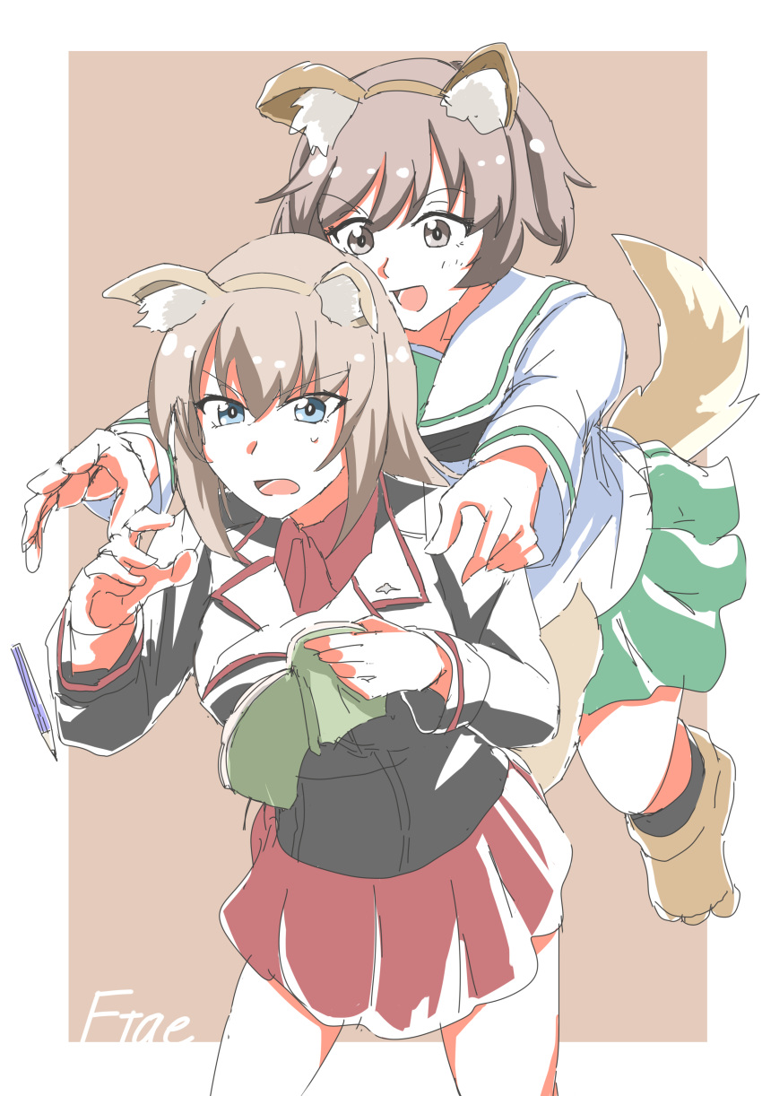 2girls, absurdres, akiyama_yukari, animal_ears, black_jacket, black_neckerchief, black_socks, blouse