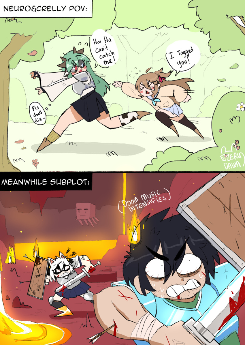 >_<, 1boy, 3girls, :<, :3, :d, anger_vein, animal_ears