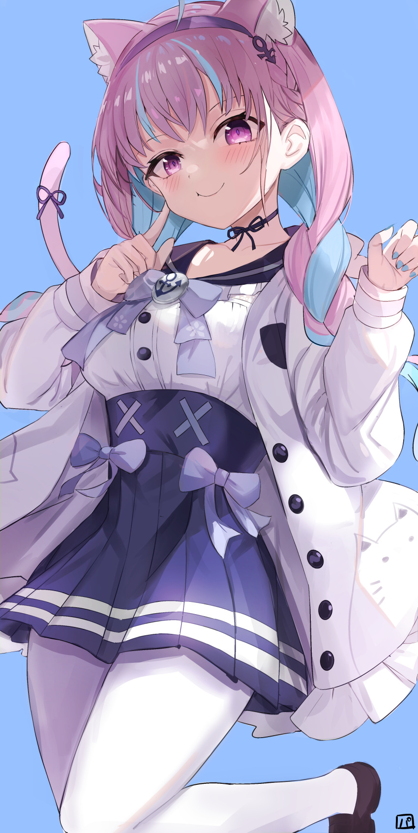 1girl, absurdres, anchor_symbol, animal_ear_fluff, animal_ears, black_choker, black_ribbon, blue_background