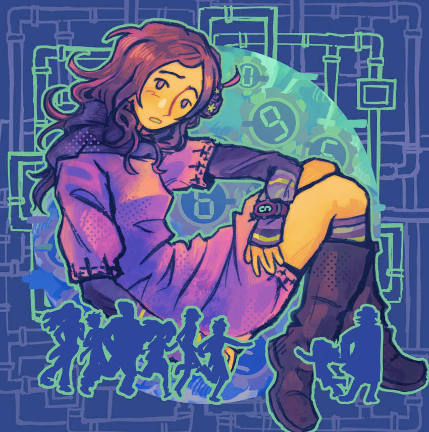 1girl, aqua_outline, black_boots, boots, brown_hair, commentary, dress, english_commentary, flower, hair_flower, hair_ornament, highres, ichimiya_(kyokugen_dasshutsu), junpei_(kyokugen_dasshutsu), kurashiki_akane, kyokugen_dasshutsu, kyokugen_dasshutsu:_9_jikan_9_nin_9_no_tobira, long_hair, long_sleeves, niels_(kyokugen_dasshutsu), no_sclera, oneinhiding, outline, purple_dress, purple_scarf, santa_(kyokugen_dasshutsu), scarf, seven-segment_display, seven_(kyokugen_dasshutsu), silhouette, socks, solo_focus, striped_clothes, striped_socks, violet_eyes, watch, yashiro_(kyokugen_dasshutsu), yotsuba_(kyokugen_dasshutsu)