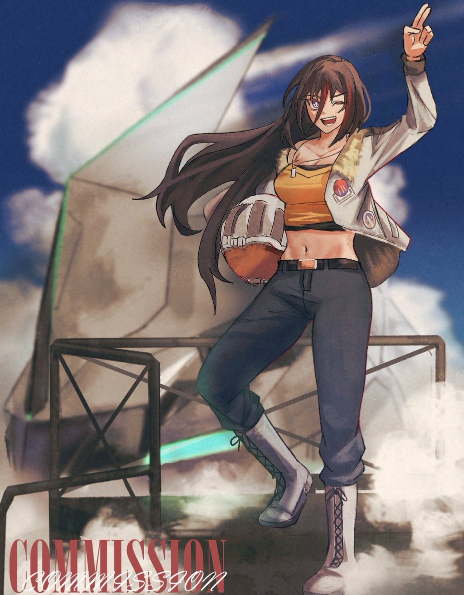 1girl, black_hair, black_pants, bomber_jacket, boots, breasts, commission, crop_top