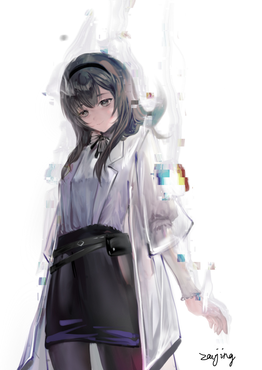 1girl, absurdres, arknights, black_hair, black_hairband, black_pantyhose, black_ribbon, black_skirt